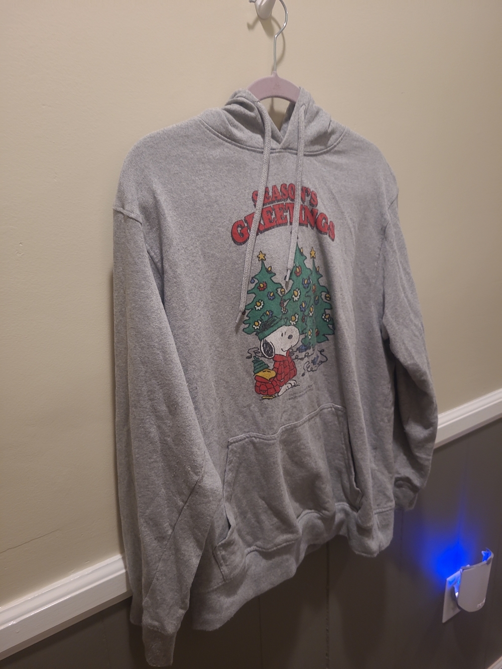 Peanuts Snoopy Christmas Hoody Gray Pullover Hooded Sweatshirt Woodstock Large - Picture 3 of 10